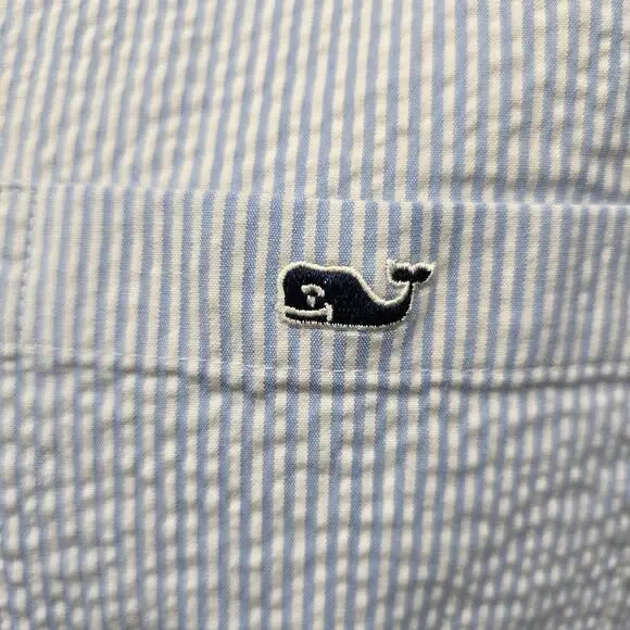 Vineyard Vines Seersucker Shirt Men S Short Sleeves Stretch Blue Striped Whale - Picture 3 of 13